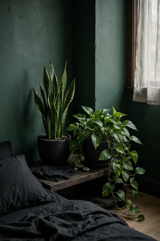 Snake plant and pothos in black pots against a green wall