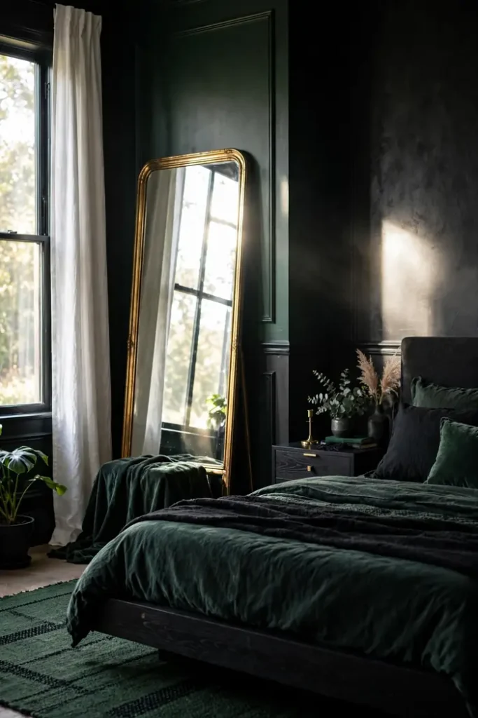 Tall brass mirror bouncing window light in a dark bedroom