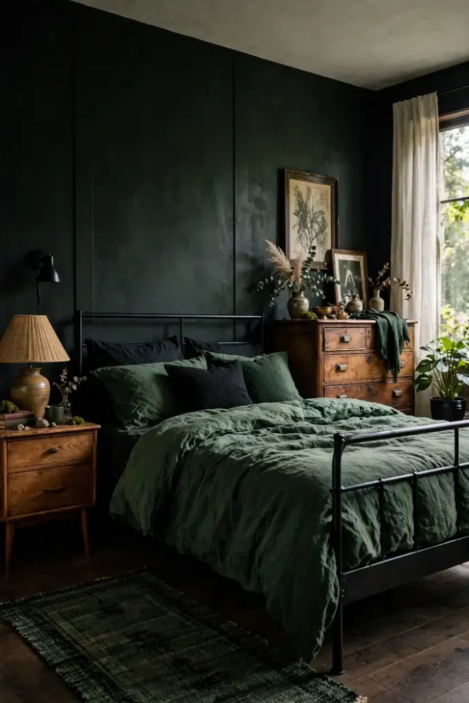 Black and green bedroom with mixed wood and black furniture