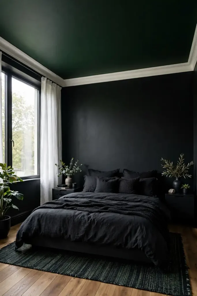 Deep green painted ceiling with white crown molding