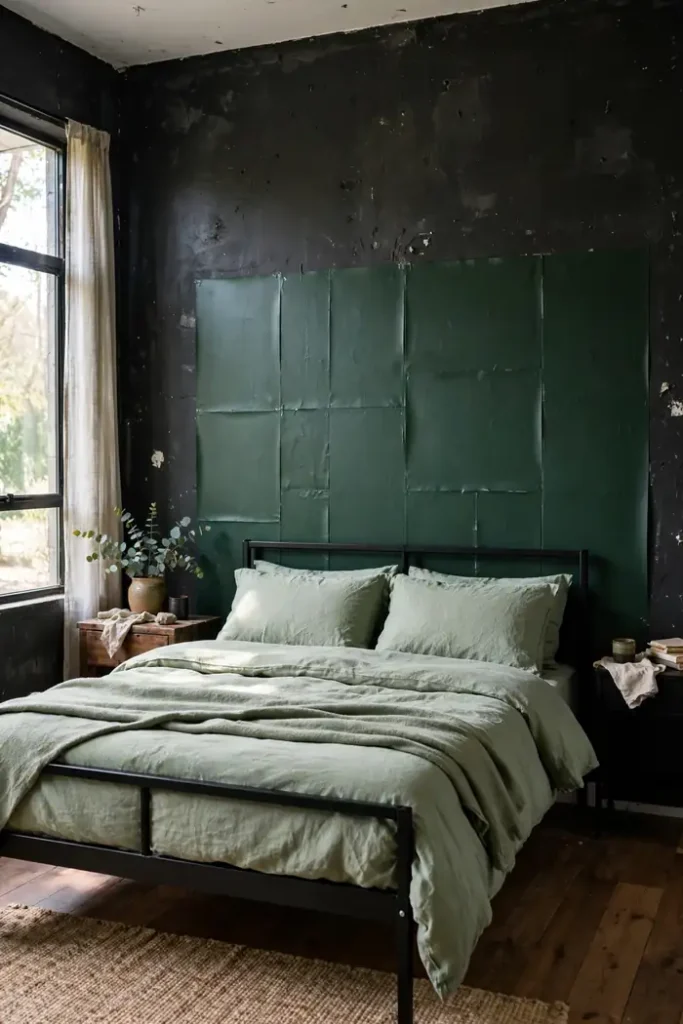 Peel-and-stick dark green panels behind the bed in a rental