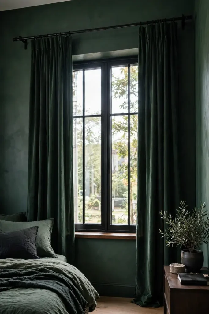Dark curtains hung wider than the window frame