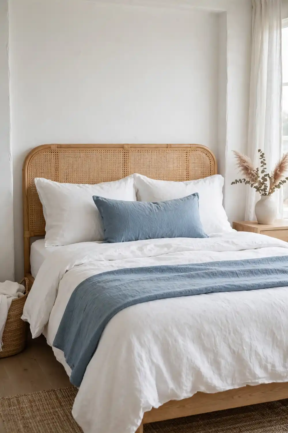Single blue throw on white linen bedding in a coastal bedroom