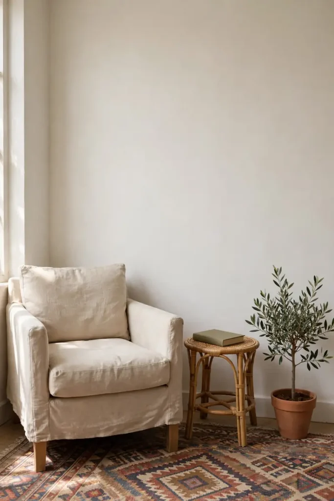 One calm corner with a linen chair and book in a boho home
