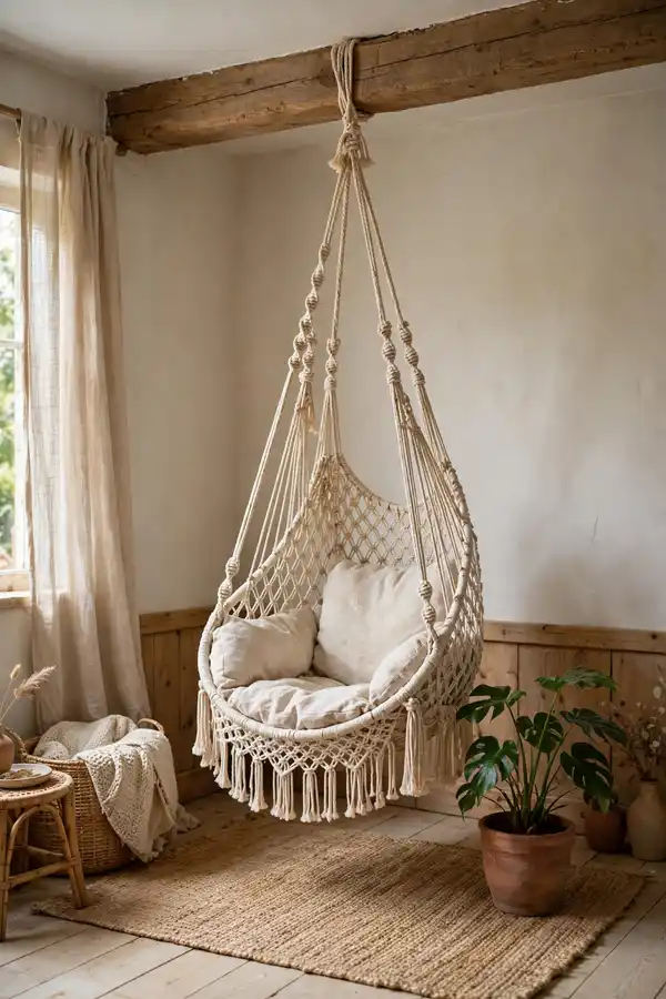 DIY macrame hanging chair in a boho corner