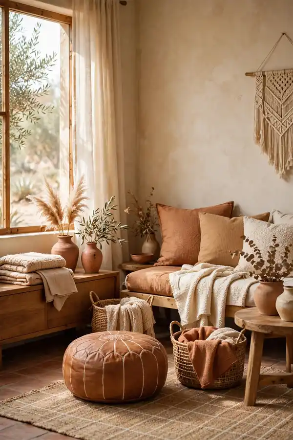 Boho living room in one earth palette of terracotta and camel