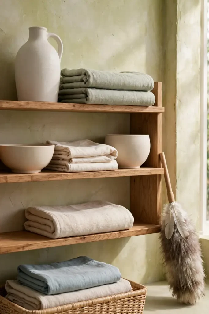 Boho shelf styled with easy-to-dust ceramics and washable textiles