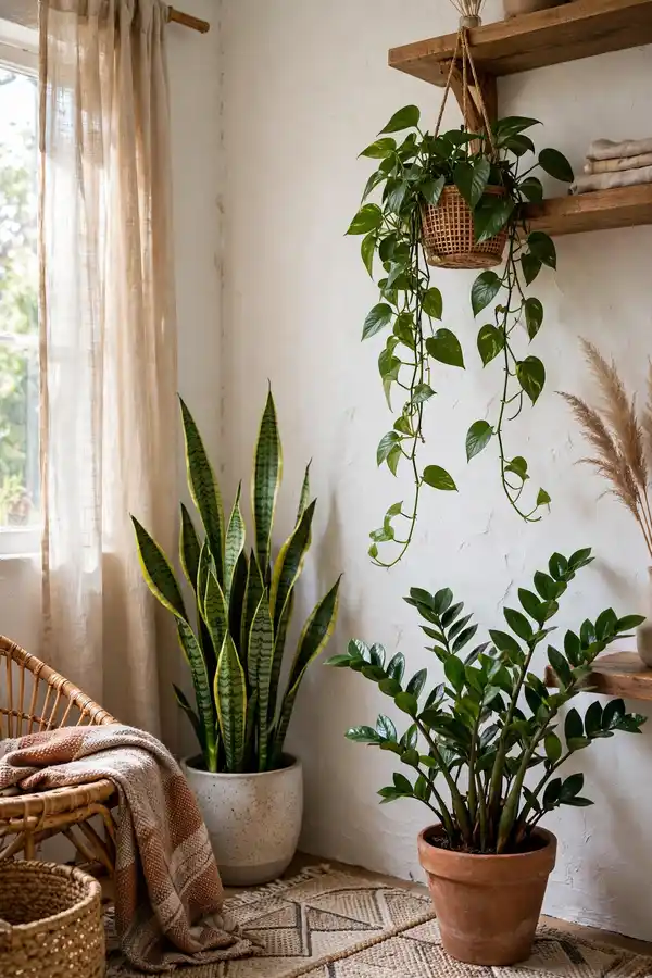 Snake plant, pothos and ZZ plant thriving in a boho corner
