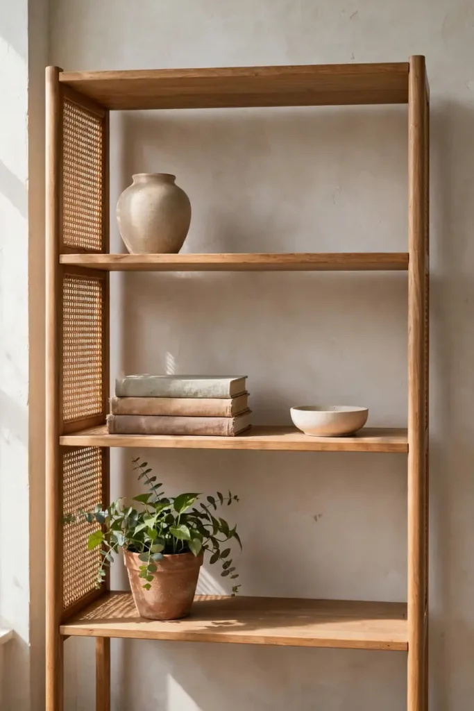 Edited boho shelf with ceramics, books and one plant