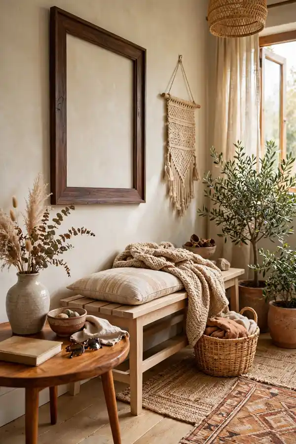 Boho room mixing warm wood tones that belong together