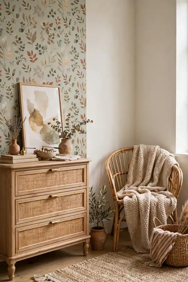 Renter-friendly boho corner with leaning art and no wall holes