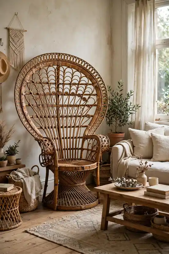 Vintage rattan peacock chair as the one big boho statement piece