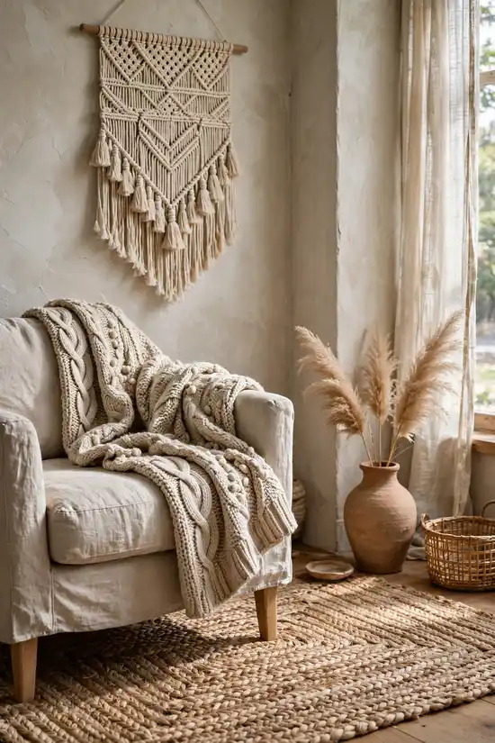 Boho corner built on texture with knit throw, jute and woven hanging