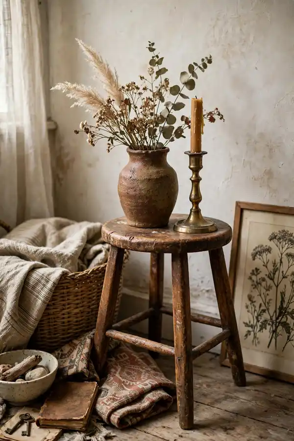 Collected boho vignette of thrifted brass, basket and pottery