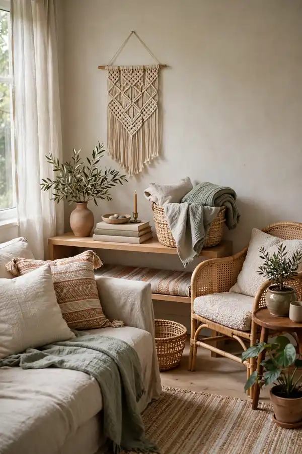 Tidy boho living room with every surface intentional