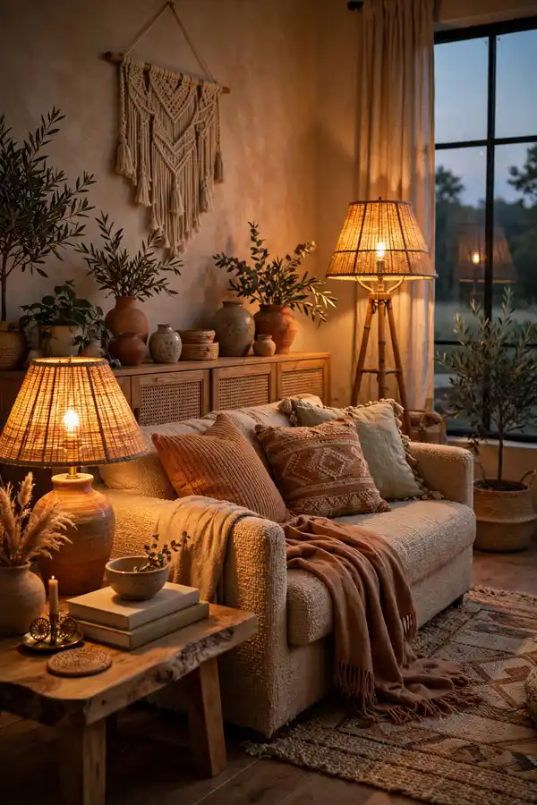 Boho living room in warm evening lamplight flattering earth tones