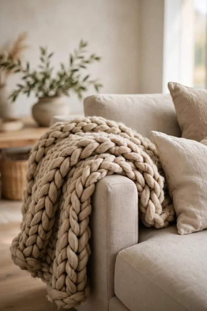 Chunky knit throw folded over a sofa arm in a cozy living room