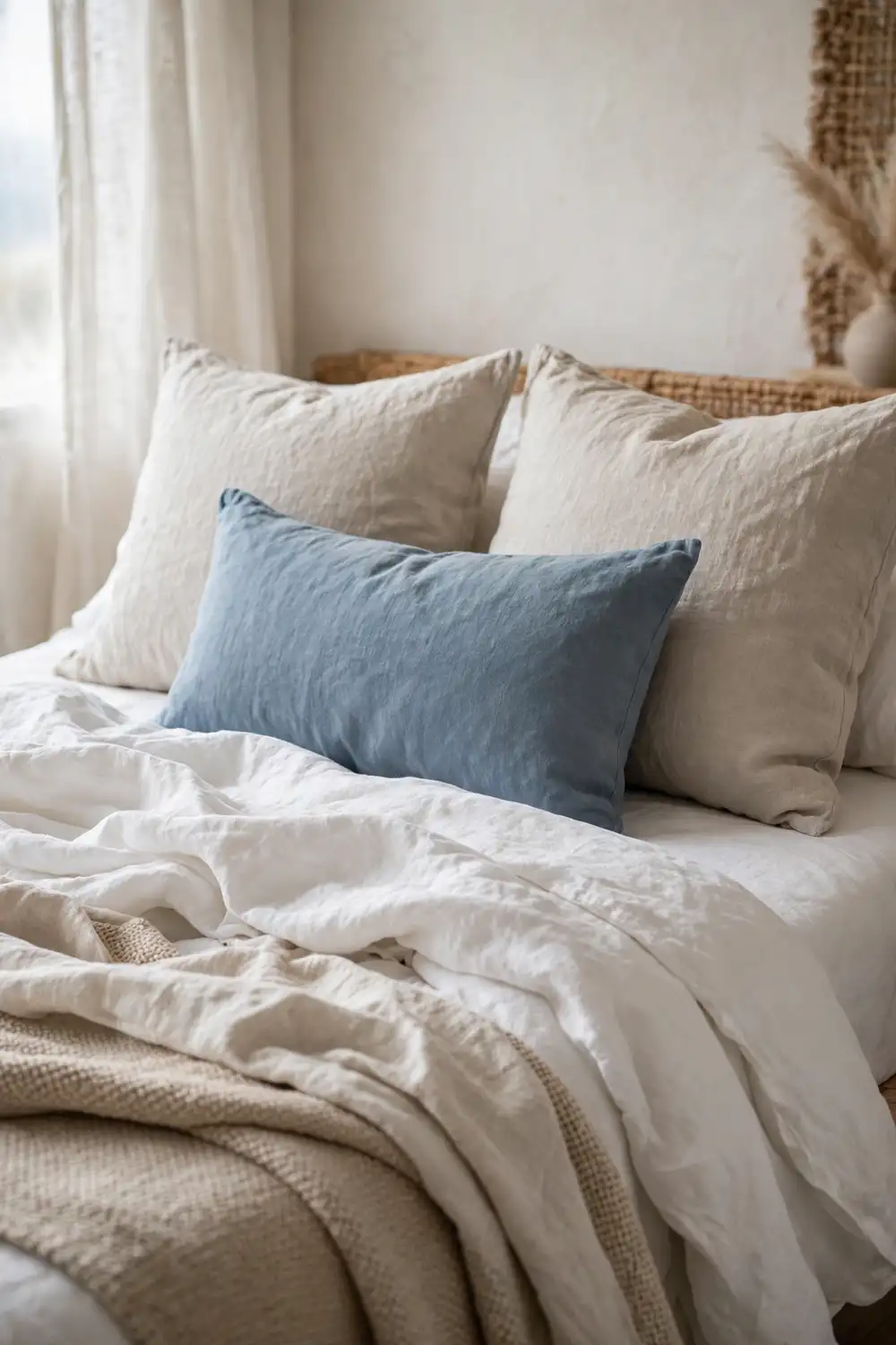 Coastal bedroom palette: white linen with a single dusty blue pillow