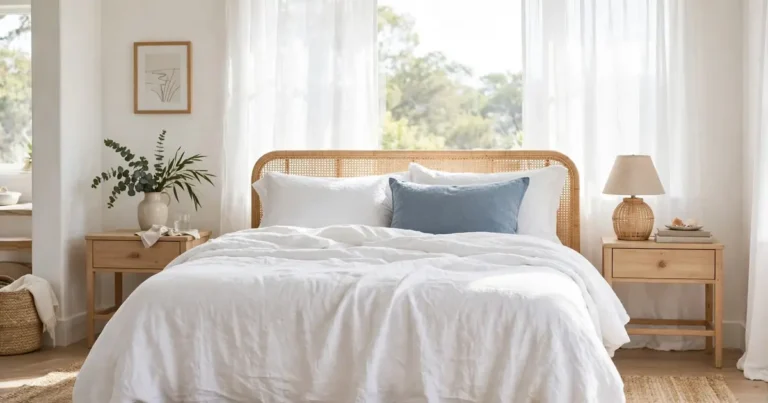 Coastal bedroom ideas: bright bedroom with white linen, blue accents and light wood