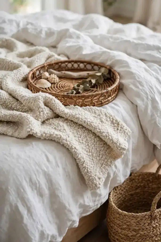 Layered coastal textures: linen, rattan and seagrass