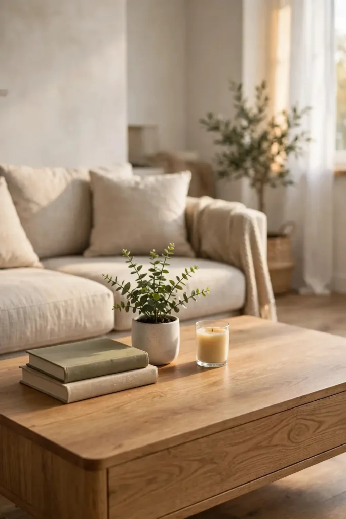 Coffee table styled with books, plant and candle in a cozy living room