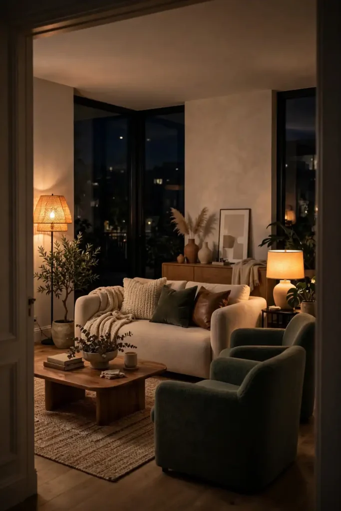 Cozy living room viewed from the doorway at night with warm lamps