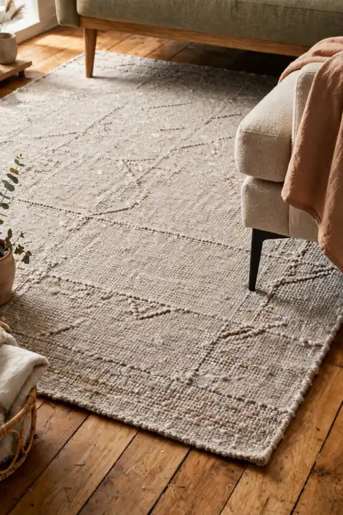 Sofa front legs placed on a large area rug in a cozy living room
