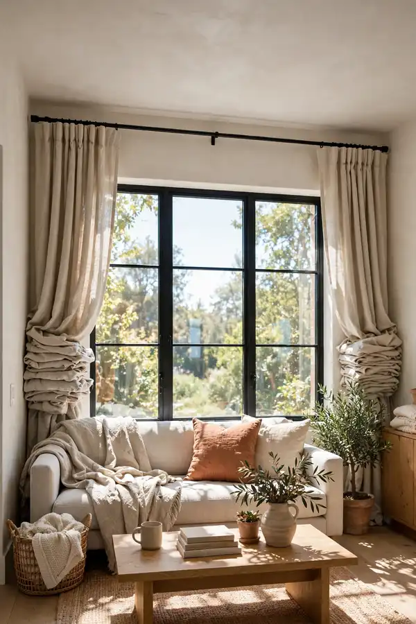 Curtains hung high and wide above a living room window