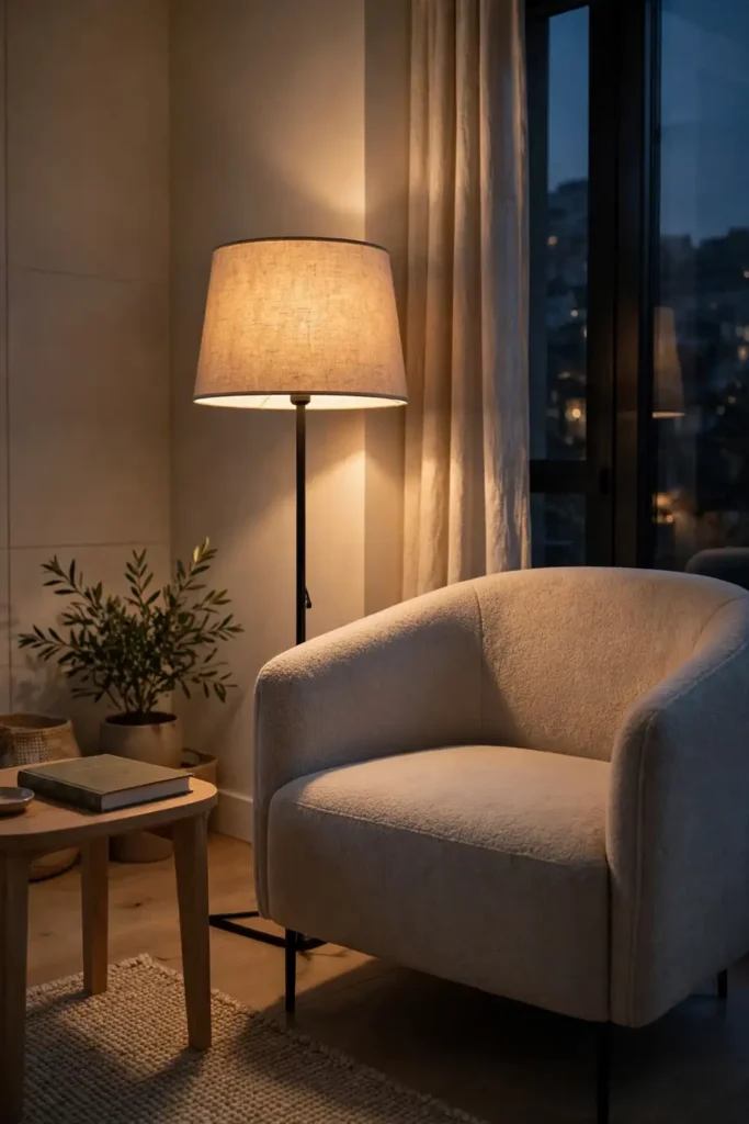 Floor lamp placed at reading height beside a living room chair