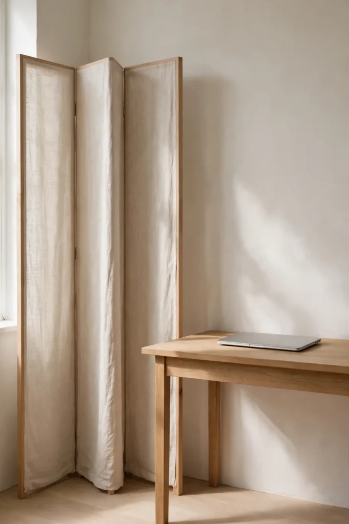 Home office desk positioned with the door to the side, linen screen