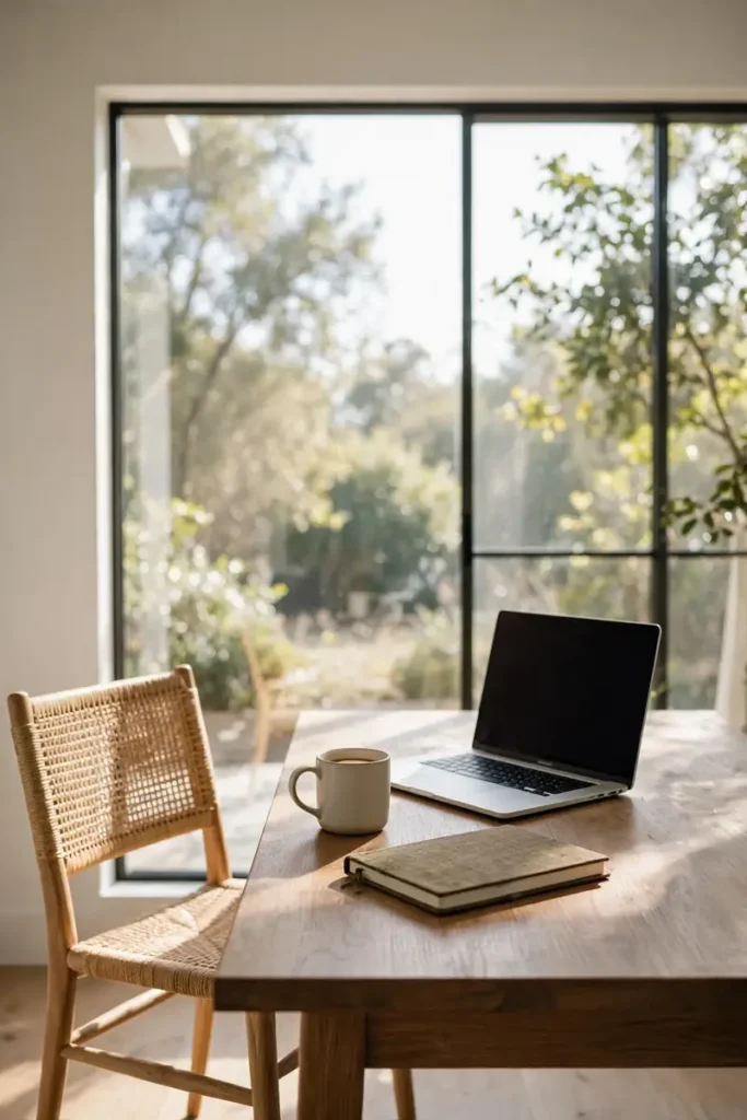 Home office desk facing a bright window for natural light