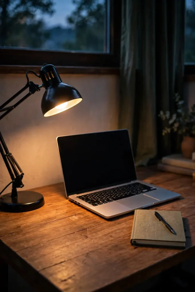 Adjustable desk lamp glowing beside a laptop in a home office