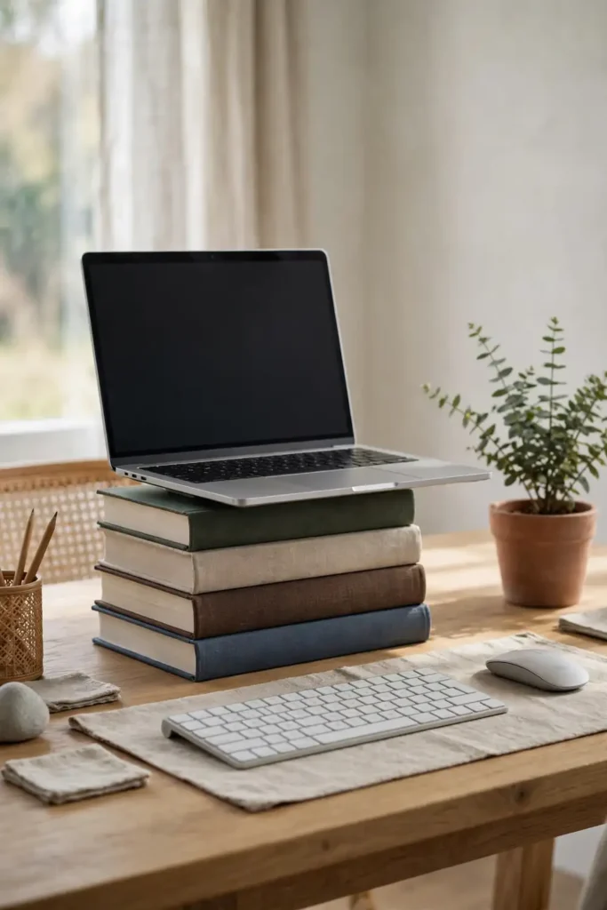 Laptop raised on books with a separate keyboard in a home office