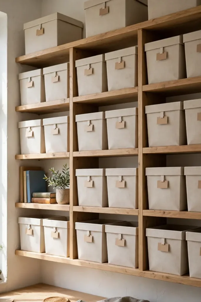 Home office shelves with labeled closed storage boxes