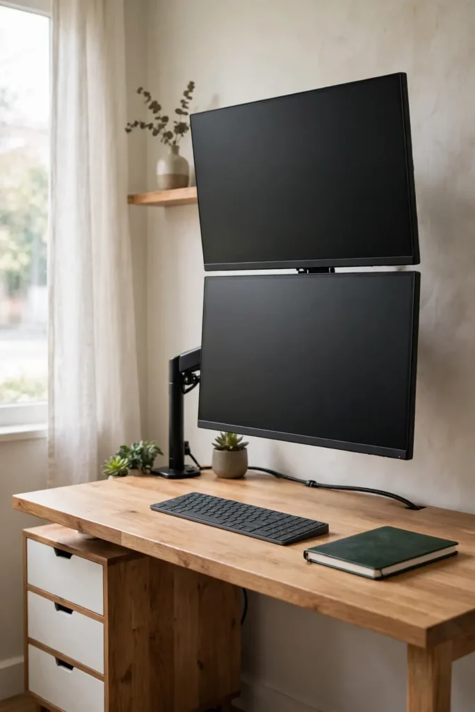 Two monitors stacked on one arm over a small home office desk