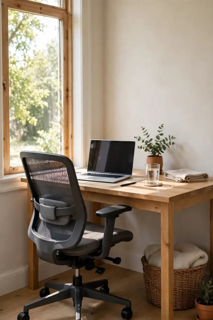 Supportive chair at a sitting-height desk in a home office