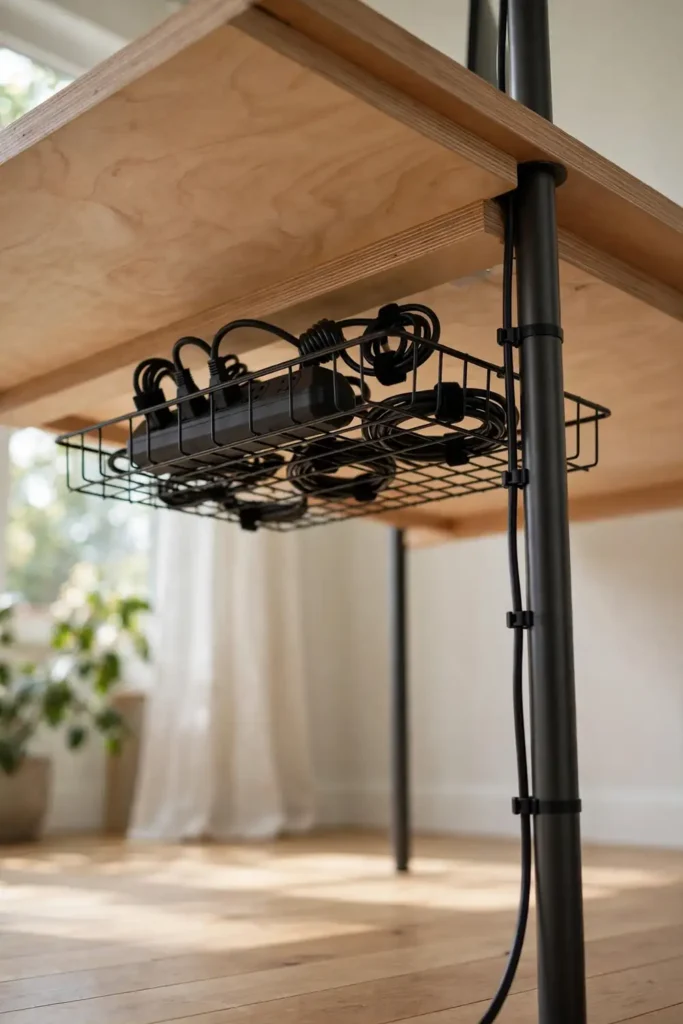 Under-desk cable tray hiding cords in a home office