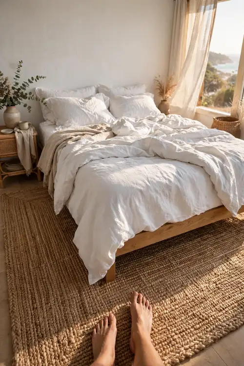 Natural jute rug under a bed in a coastal bedroom