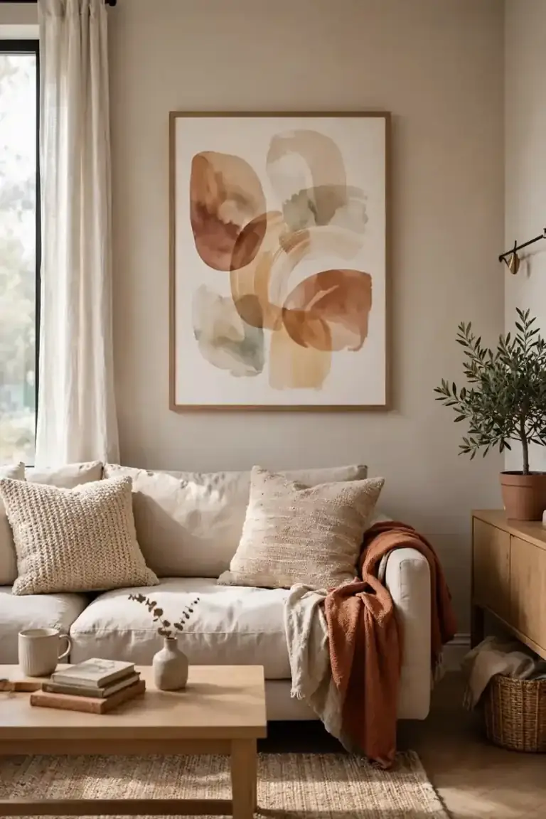 Large artwork hung above a sofa in a cozy living room
