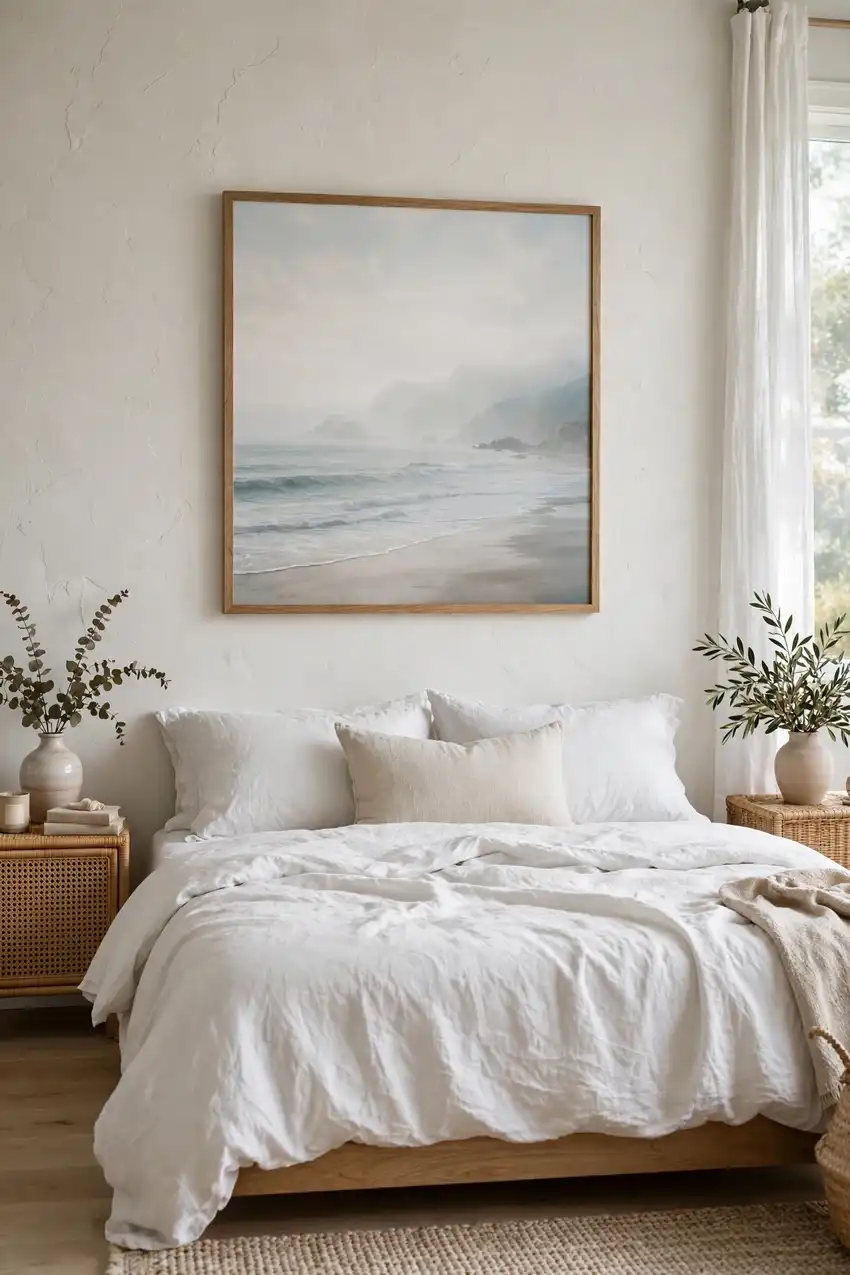 Large misty ocean print hung above a bed in a coastal bedroom