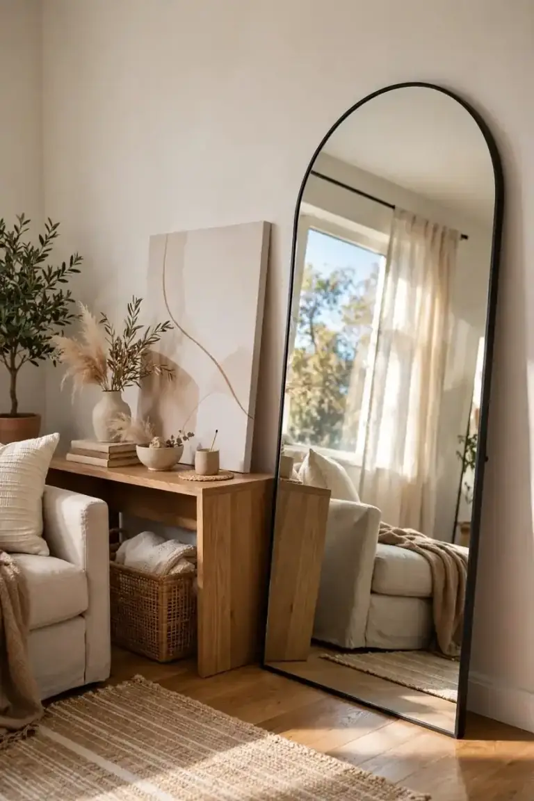 Large leaning mirror and canvas propped on a console in a cozy living room