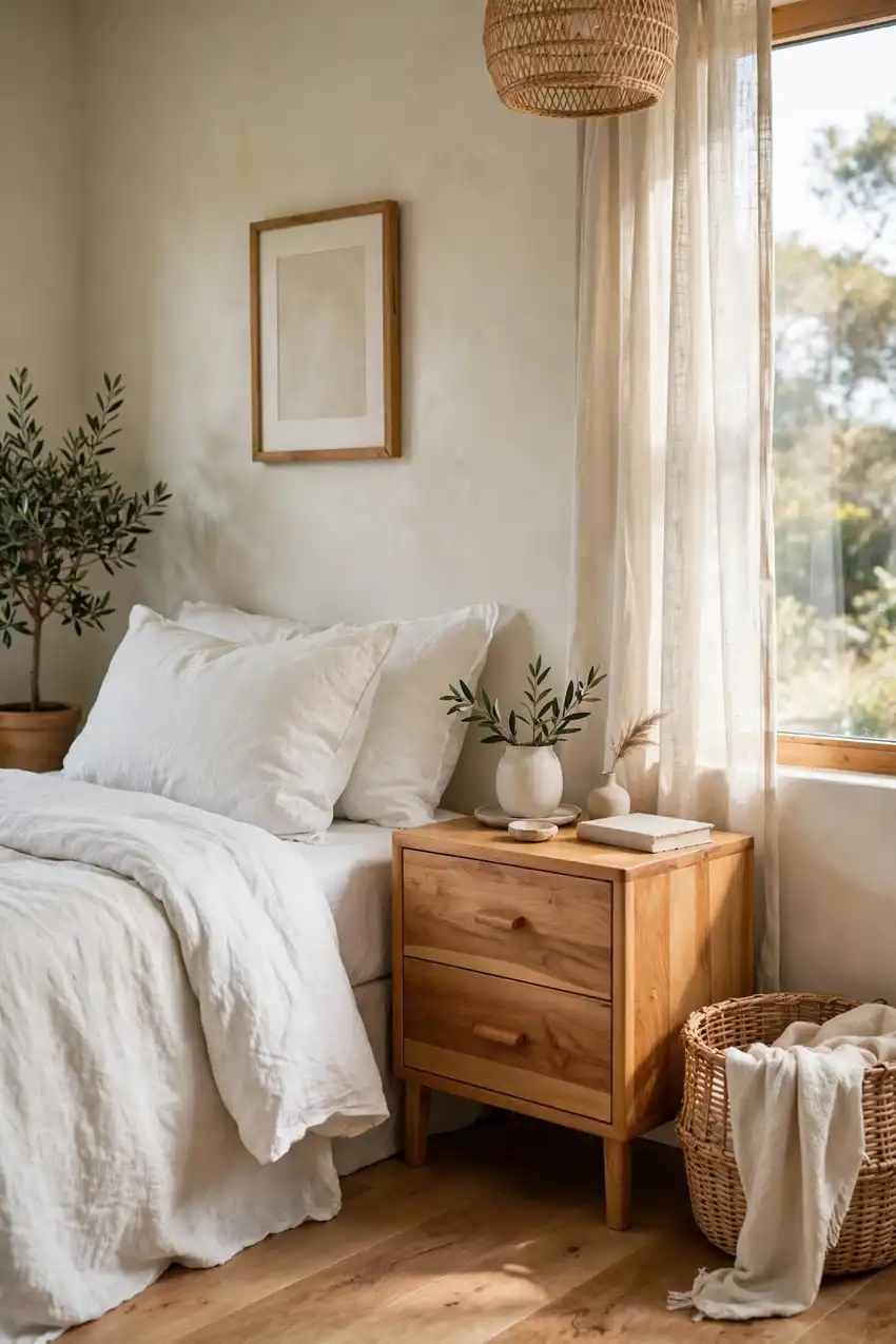 Light wood nightstands and rattan basket in a coastal bedroom