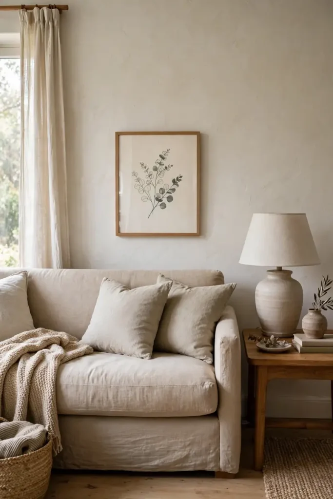 Art hung low above a living room sofa, relating to the furniture
