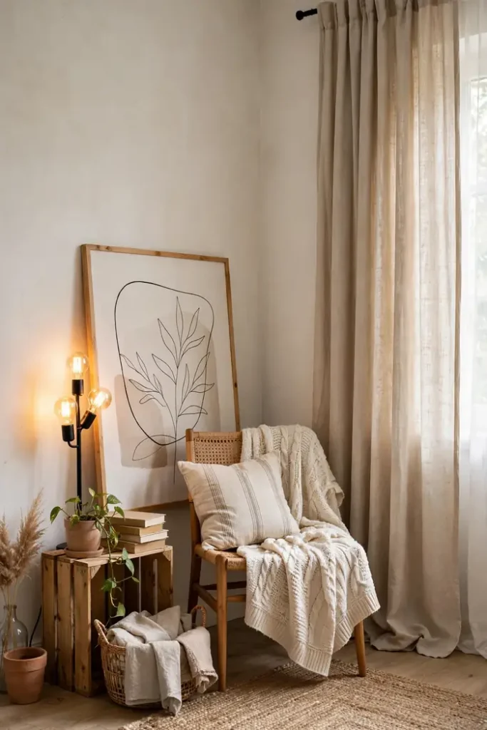 Budget-styled living room corner with warm bulbs and high curtains