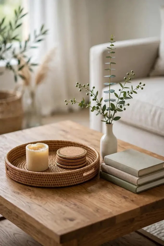 Coffee table styled with a woven tray, books and bud vase