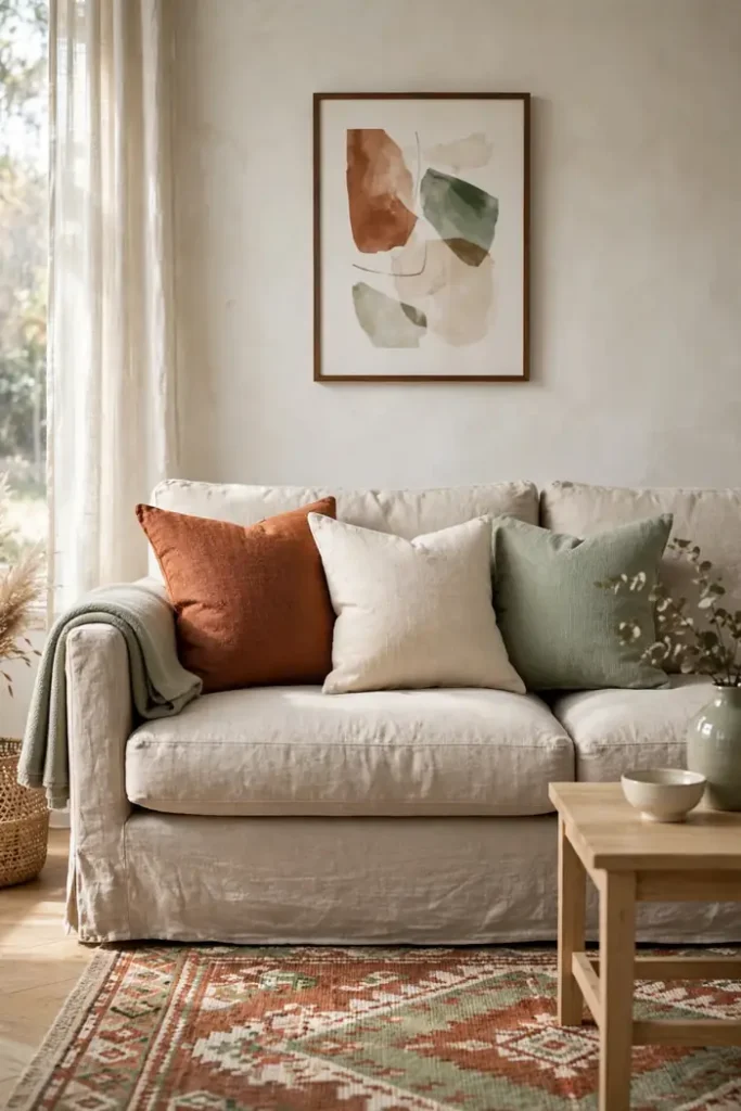 Sofa with three coordinated throw pillows in rust, cream and sage