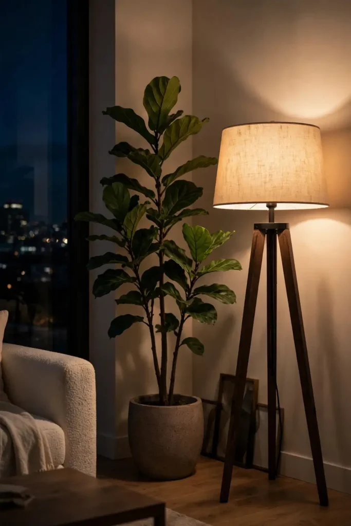 Dark living room corner brightened by a warm floor lamp
