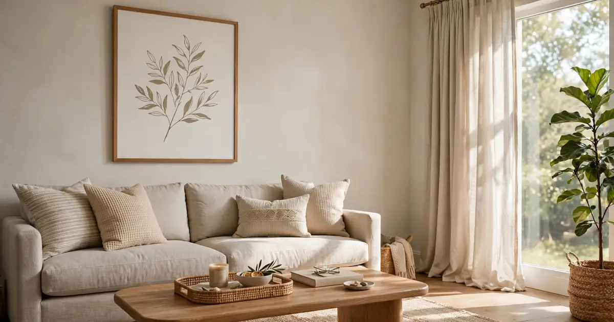 Elegant living room with neutral sofa, large art and styled coffee table