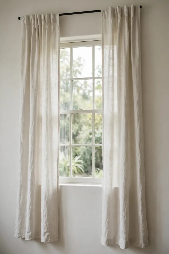 Curtains hung high near the ceiling making a window look tall