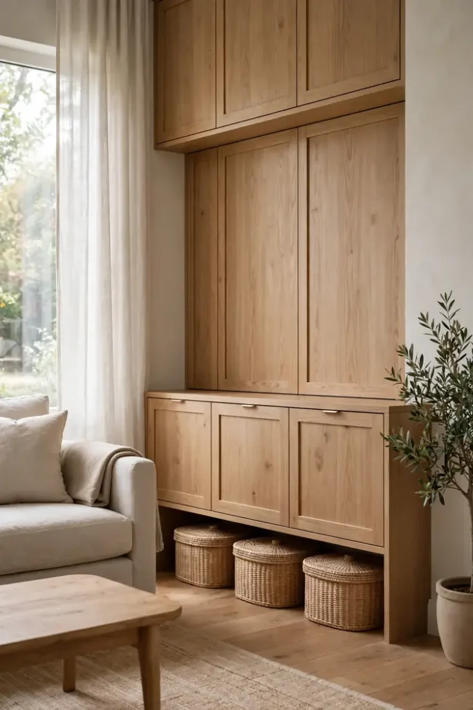 Closed-door console and lidded baskets hiding living room clutter